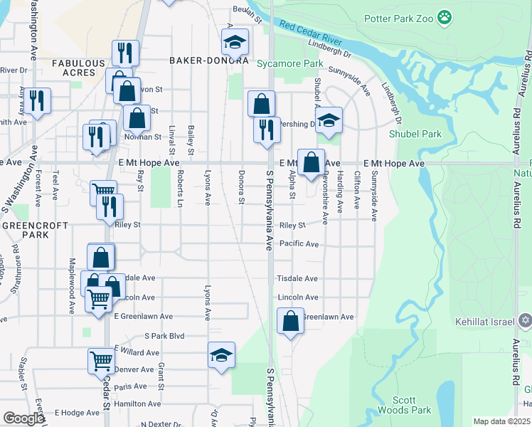 map of restaurants, bars, coffee shops, grocery stores, and more near 2112 South Pennsylvania Avenue in Lansing
