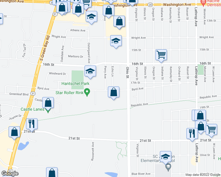 map of restaurants, bars, coffee shops, grocery stores, and more near 4900 Byrd Avenue in Racine
