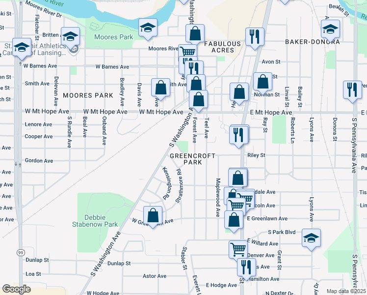map of restaurants, bars, coffee shops, grocery stores, and more near 230 Greencroft Road in Lansing