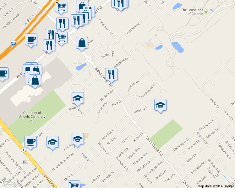 map of restaurants, bars, coffee shops, grocery stores, and more near Sand Creek Road in Albany