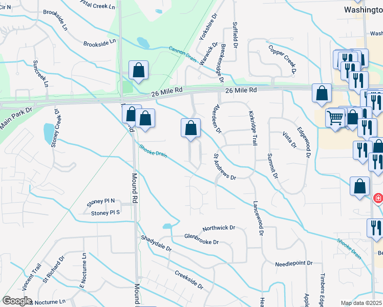 map of restaurants, bars, coffee shops, grocery stores, and more near 56510 Scotland Boulevard in Macomb County