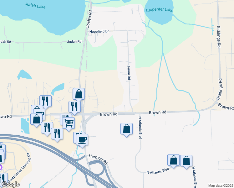 map of restaurants, bars, coffee shops, grocery stores, and more near 4884 Jamm Road in Orion charter Township