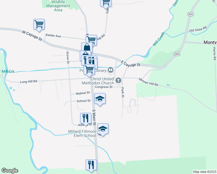 map of restaurants, bars, coffee shops, grocery stores, and more near Congress Street in Moravia