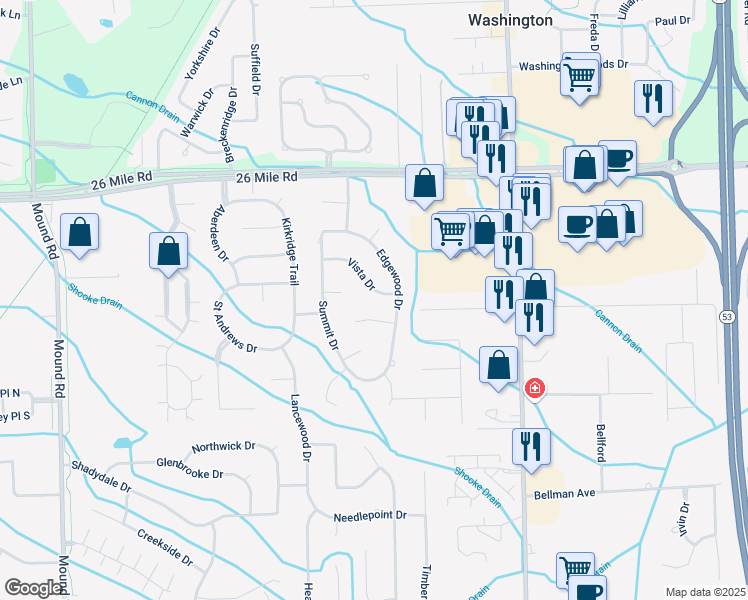 map of restaurants, bars, coffee shops, grocery stores, and more near 7360 Vista Drive in Macomb County