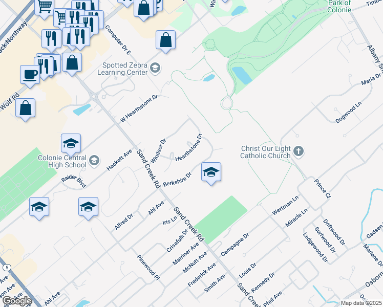map of restaurants, bars, coffee shops, grocery stores, and more near 17 Hearthstone Drive in Albany