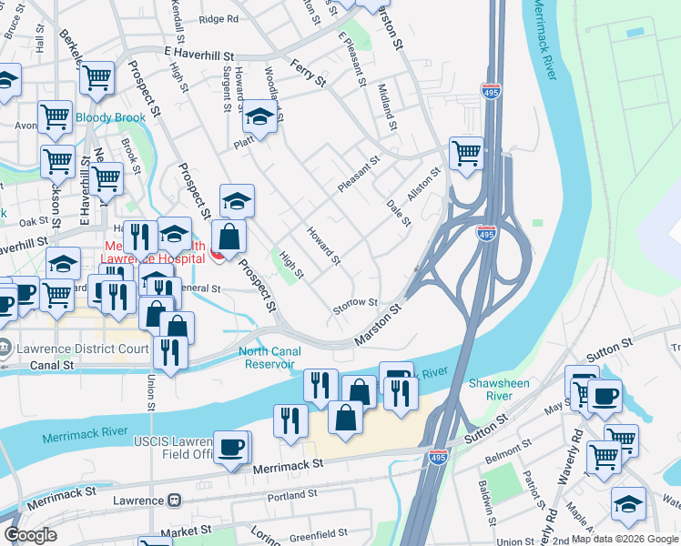 map of restaurants, bars, coffee shops, grocery stores, and more near 118 Allston Street in Lawrence