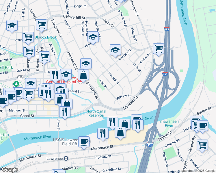 map of restaurants, bars, coffee shops, grocery stores, and more near 81 High Street in Lawrence