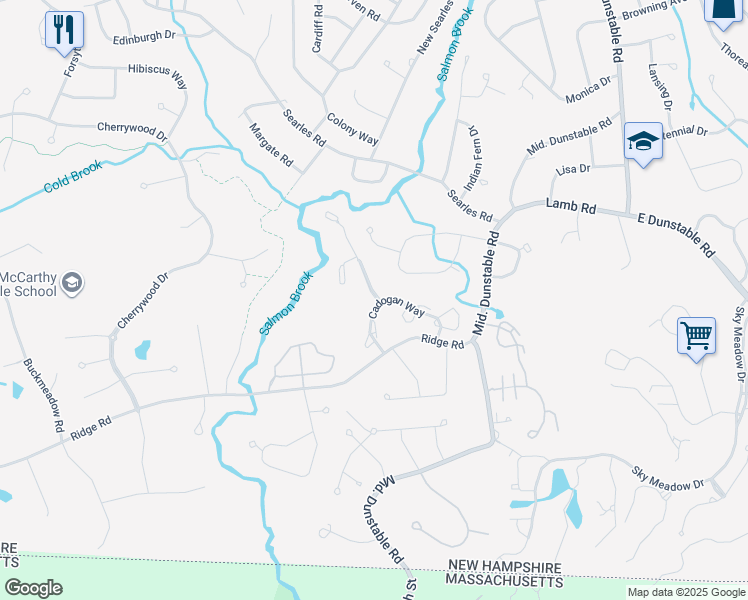 map of restaurants, bars, coffee shops, grocery stores, and more near 66 Cadogan Way in Nashua