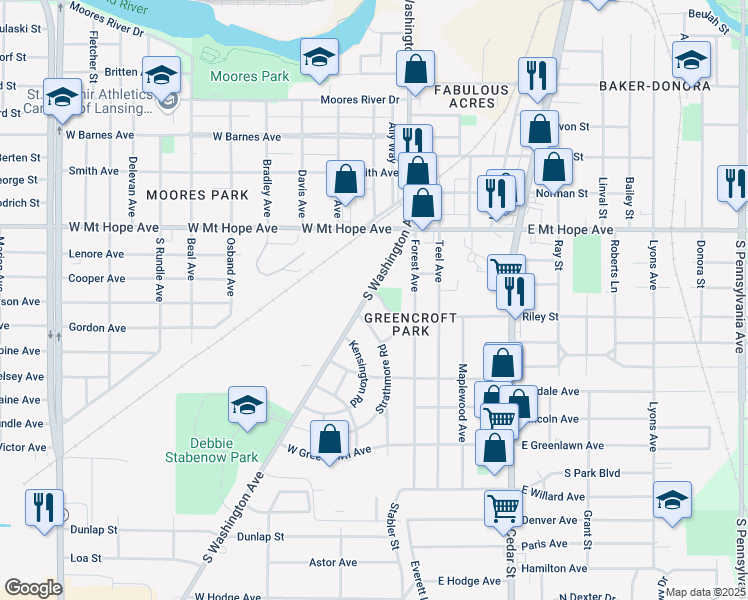 map of restaurants, bars, coffee shops, grocery stores, and more near 230 Greencroft Road in Lansing