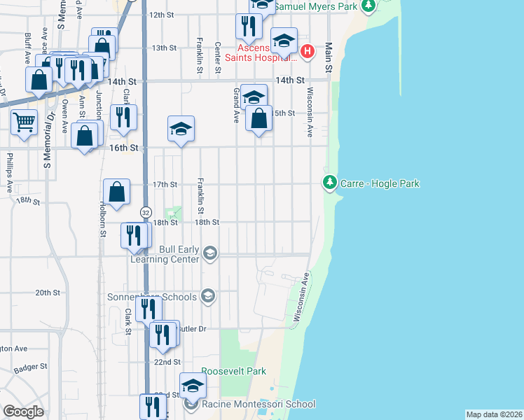 map of restaurants, bars, coffee shops, grocery stores, and more near in Racine