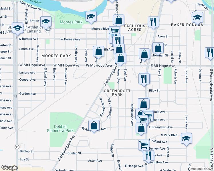 map of restaurants, bars, coffee shops, grocery stores, and more near 230 Greencroft Road in Lansing
