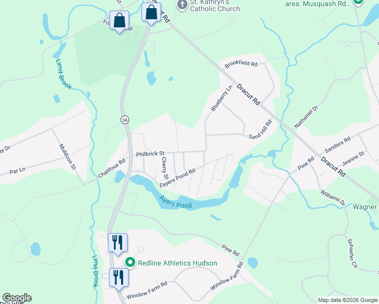 map of restaurants, bars, coffee shops, grocery stores, and more near 21 Philbrick Street in Hudson