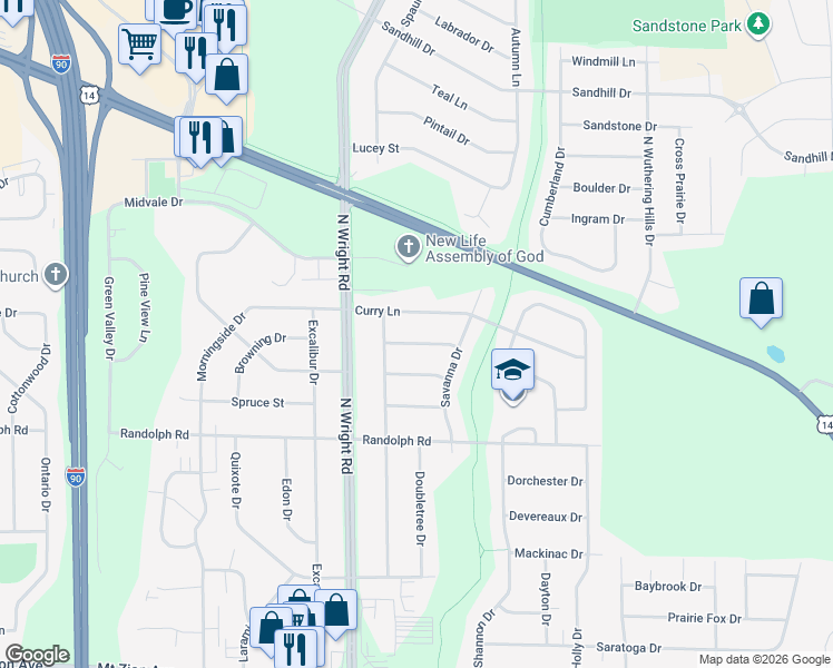map of restaurants, bars, coffee shops, grocery stores, and more near 3727 Wintergreen Way in Janesville