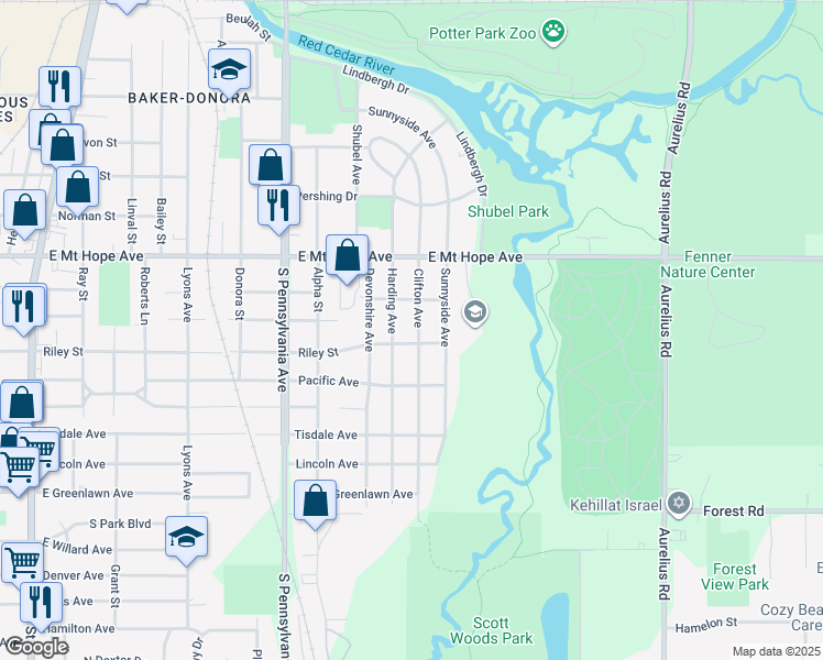 map of restaurants, bars, coffee shops, grocery stores, and more near 2033 Clifton Avenue in Lansing