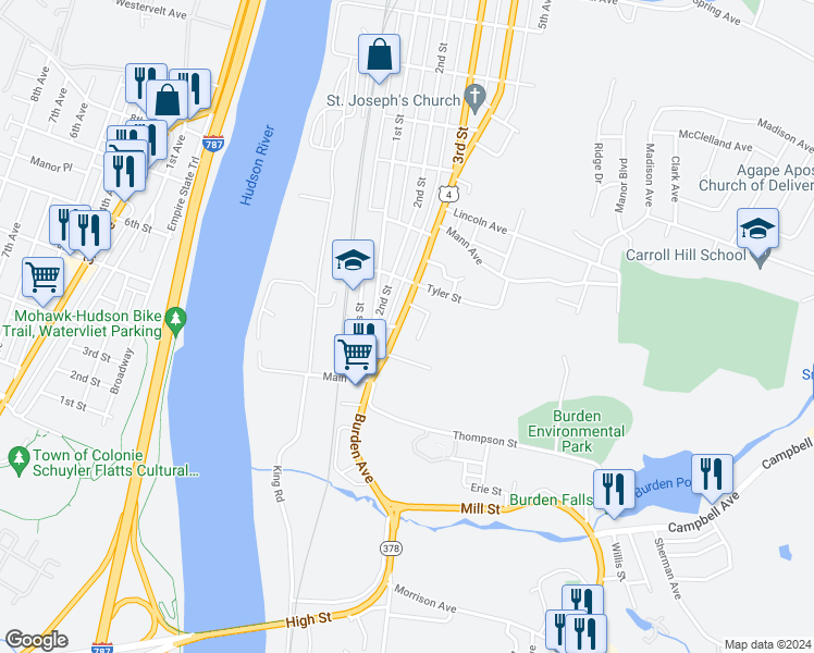 map of restaurants, bars, coffee shops, grocery stores, and more near 639 4th Street in Troy
