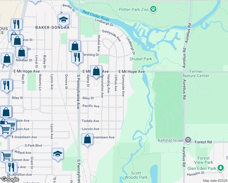 map of restaurants, bars, coffee shops, grocery stores, and more near 2033 Clifton Avenue in Lansing