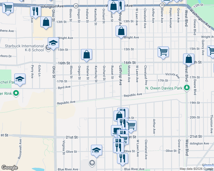 map of restaurants, bars, coffee shops, grocery stores, and more near 1723 Orchard Street in Racine