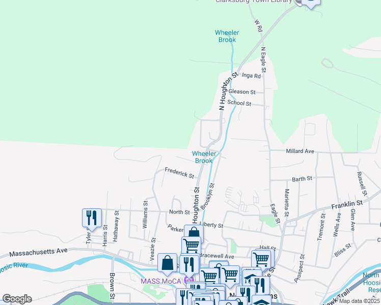 map of restaurants, bars, coffee shops, grocery stores, and more near 41 Fuller St in North Adams