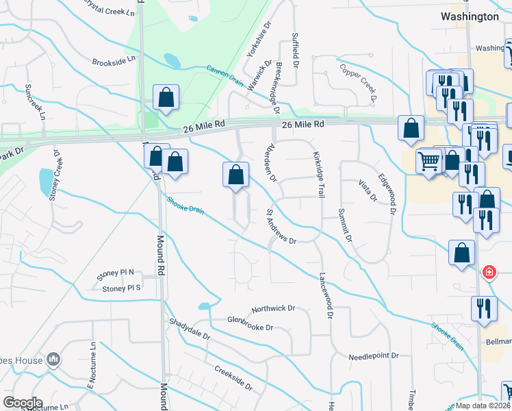 map of restaurants, bars, coffee shops, grocery stores, and more near 56496 Chesapeake Trail in Macomb County