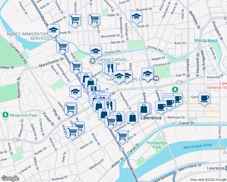 map of restaurants, bars, coffee shops, grocery stores, and more near 333 Haverhill Street in Lawrence