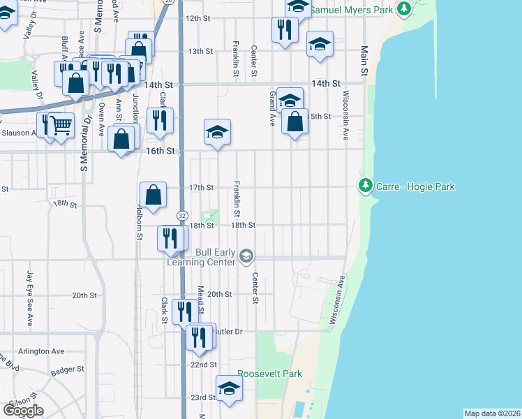 map of restaurants, bars, coffee shops, grocery stores, and more near 1733 Center Street in Racine