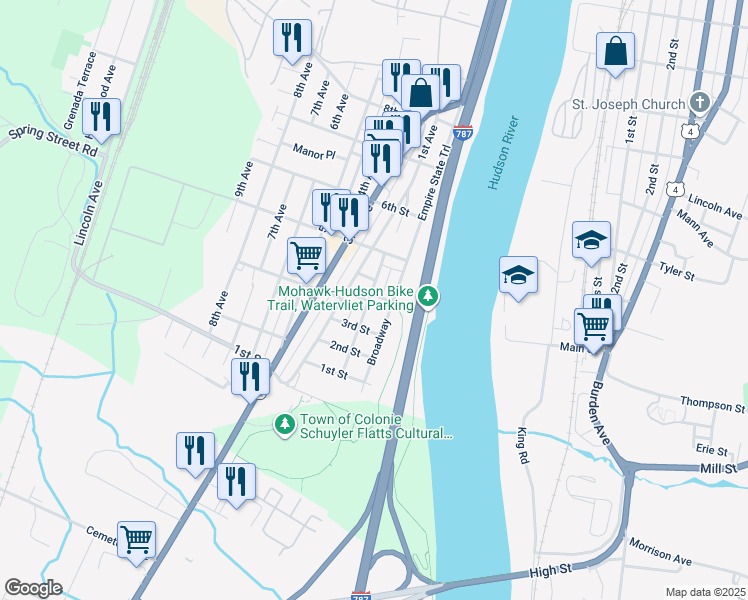 map of restaurants, bars, coffee shops, grocery stores, and more near 329 Broadway in Watervliet