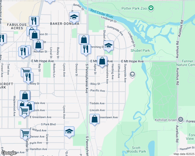map of restaurants, bars, coffee shops, grocery stores, and more near 2116 Alpha Street in Lansing