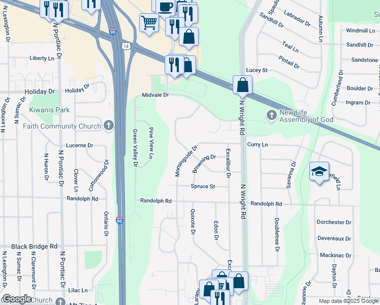 map of restaurants, bars, coffee shops, grocery stores, and more near 2299 Morningside Drive in Janesville