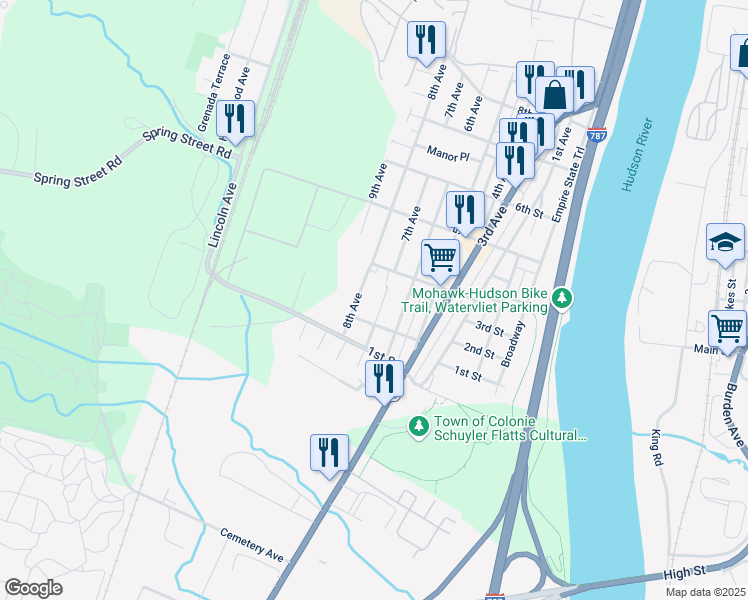 map of restaurants, bars, coffee shops, grocery stores, and more near 203 7th Avenue in Watervliet