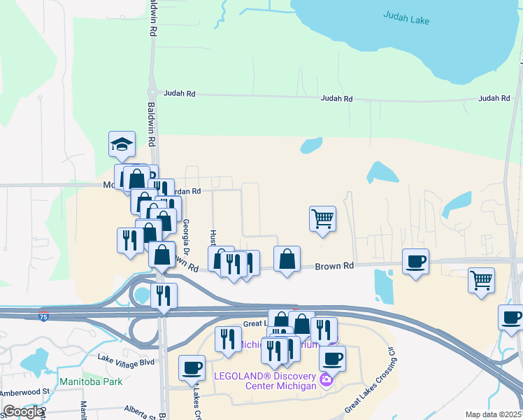 map of restaurants, bars, coffee shops, grocery stores, and more near 4854 Broomfield Way in Orion charter Township
