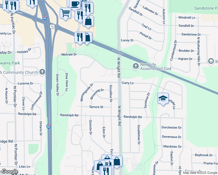 map of restaurants, bars, coffee shops, grocery stores, and more near 2410 Browning Drive in Janesville