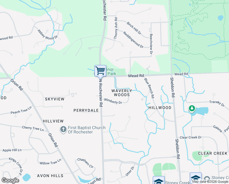 map of restaurants, bars, coffee shops, grocery stores, and more near 101 Wimberly Drive in Rochester Hills