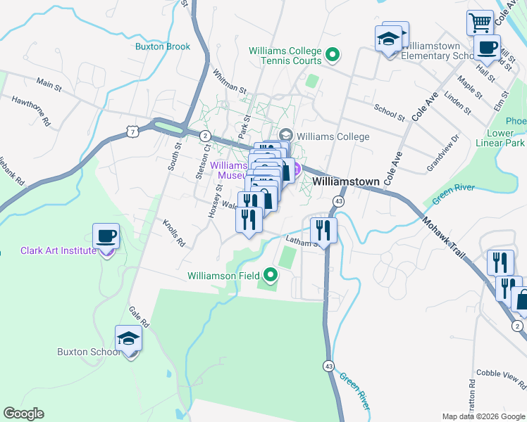 map of restaurants, bars, coffee shops, grocery stores, and more near 81 Spring Street in Williamstown