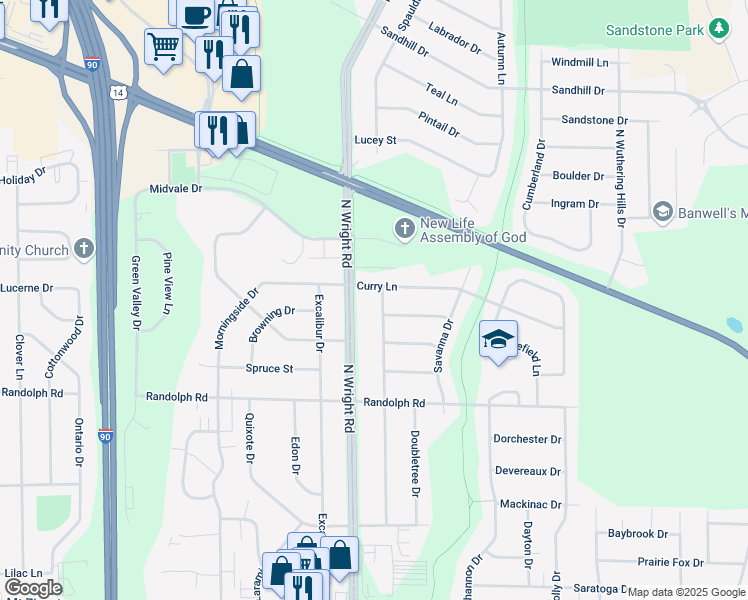 map of restaurants, bars, coffee shops, grocery stores, and more near 2227 Meadowlark Drive in Janesville