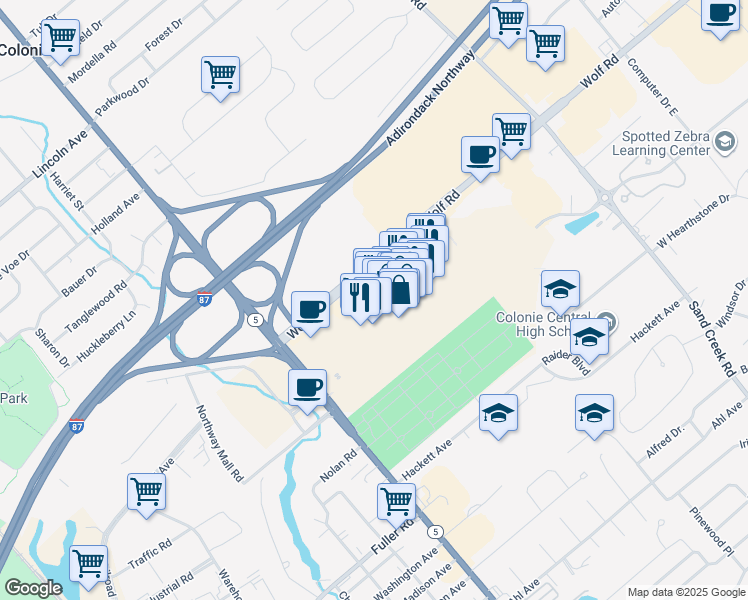 map of restaurants, bars, coffee shops, grocery stores, and more near Colonie Center in Albany