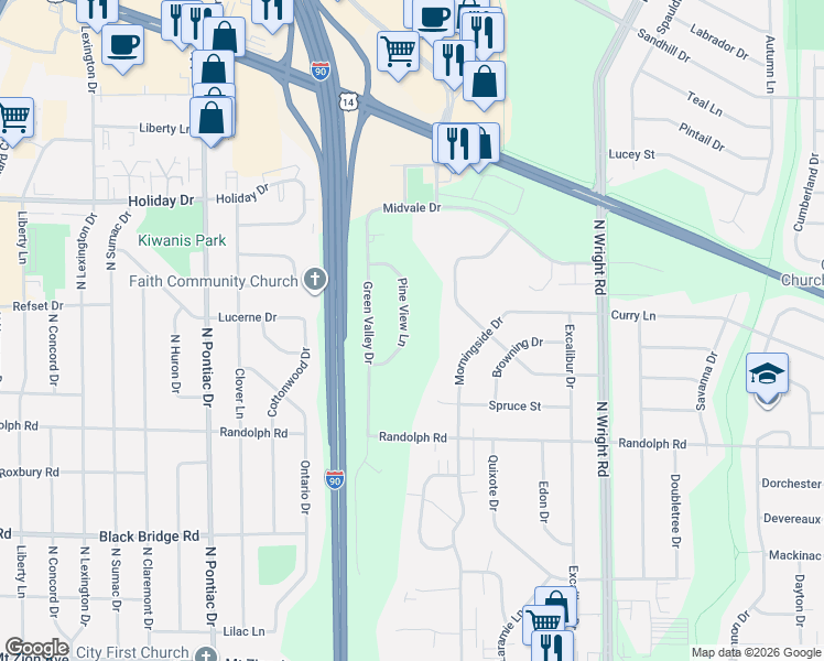 map of restaurants, bars, coffee shops, grocery stores, and more near 2232 Pine View Lane in Janesville