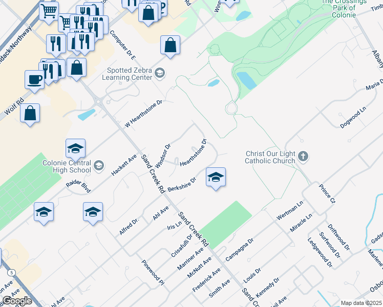 map of restaurants, bars, coffee shops, grocery stores, and more near 17 Hearthstone Drive in Albany