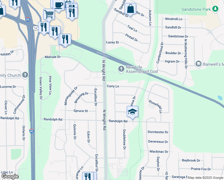 map of restaurants, bars, coffee shops, grocery stores, and more near 2227 Meadowlark Drive in Janesville