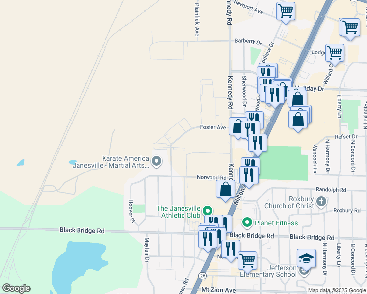map of restaurants, bars, coffee shops, grocery stores, and more near in Janesville
