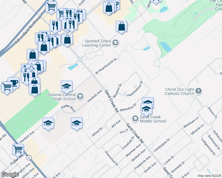 map of restaurants, bars, coffee shops, grocery stores, and more near 372 Sand Creek Road in Albany