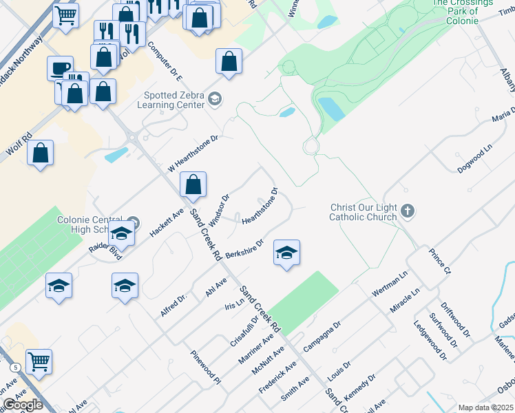map of restaurants, bars, coffee shops, grocery stores, and more near 17 Hearthstone Drive in Albany