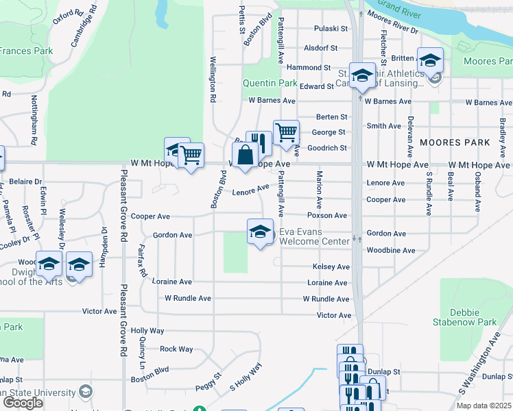 map of restaurants, bars, coffee shops, grocery stores, and more near 1621 Cooper Avenue in Lansing