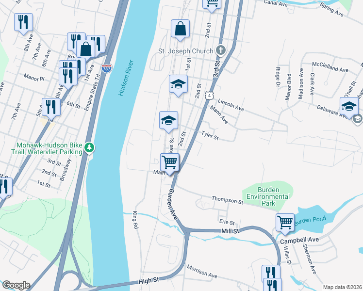 map of restaurants, bars, coffee shops, grocery stores, and more near 639 4th Street in Troy