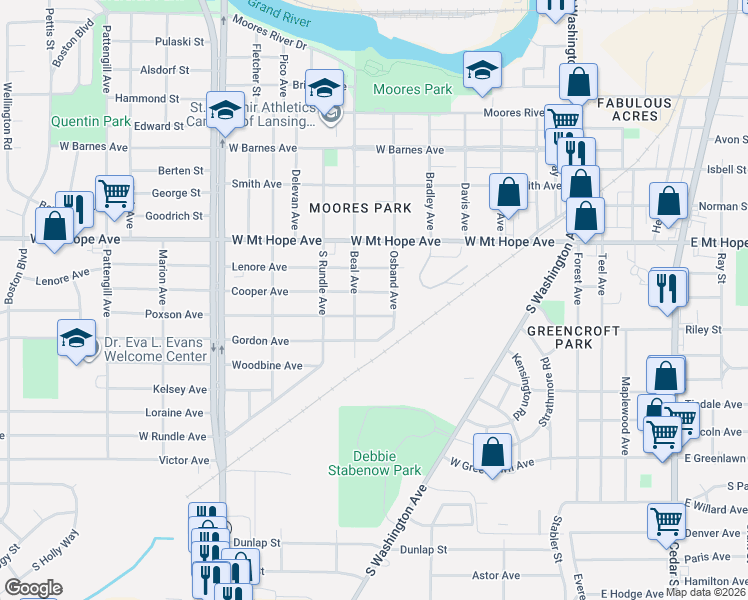 map of restaurants, bars, coffee shops, grocery stores, and more near 623 Poxson Avenue in Lansing