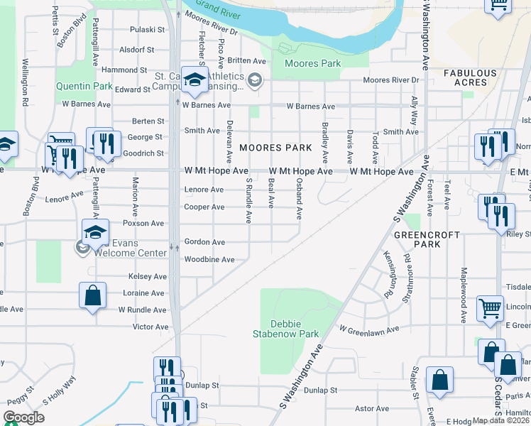 map of restaurants, bars, coffee shops, grocery stores, and more near 713 Poxson Avenue in Lansing