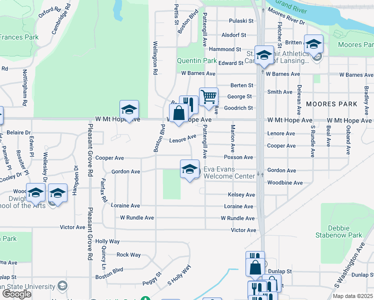 map of restaurants, bars, coffee shops, grocery stores, and more near 1621 Cooper Avenue in Lansing