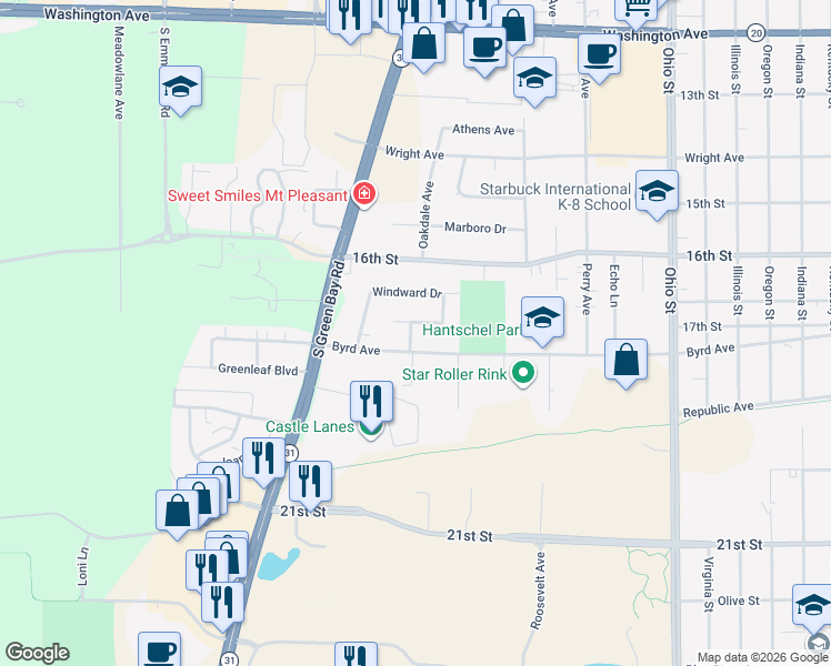 map of restaurants, bars, coffee shops, grocery stores, and more near 5539 Byrd Avenue in Racine