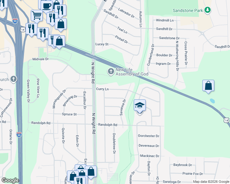 map of restaurants, bars, coffee shops, grocery stores, and more near 3727 Wintergreen Way in Janesville
