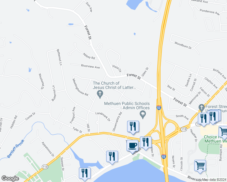 map of restaurants, bars, coffee shops, grocery stores, and more near 14 Overlook Drive in Methuen