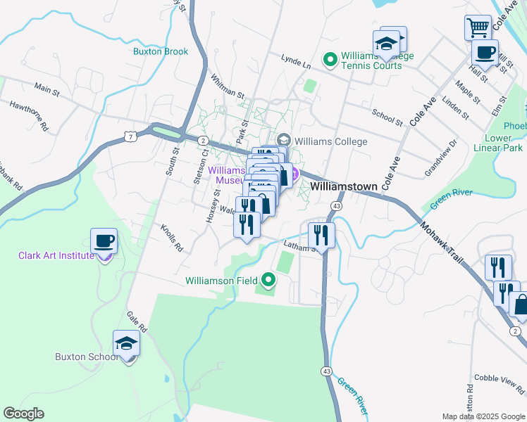 map of restaurants, bars, coffee shops, grocery stores, and more near 56 Spring Street in Williamstown